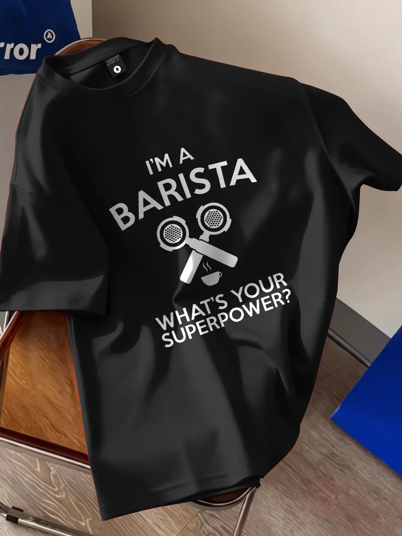 "i'm a Barista" Coffee Barista Print T-Shirt, Unisex Oversize Casual Long Sleeve, Summer Streetwear, Random Pattern, Plain Surface