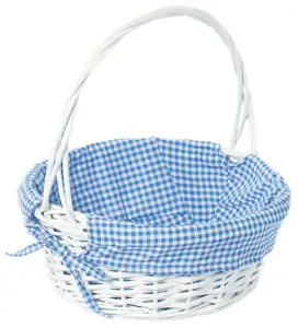 13 x 15 in. Round Willow Gift Basket with Blue Gingham Liner & Handle, White - Medium
