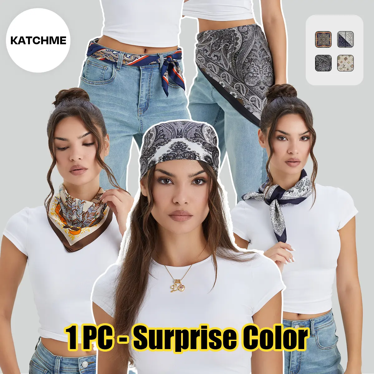 KatchMe Gift, Women's Versatile Satin Square Scarf (Surprise Color) 1 Piece, Basic Allover Print Silk Like Neck Scarf, Chic Color-Matching Silk Scarves for Lady, Soft Neck Wear, Fashion Lady Accessories