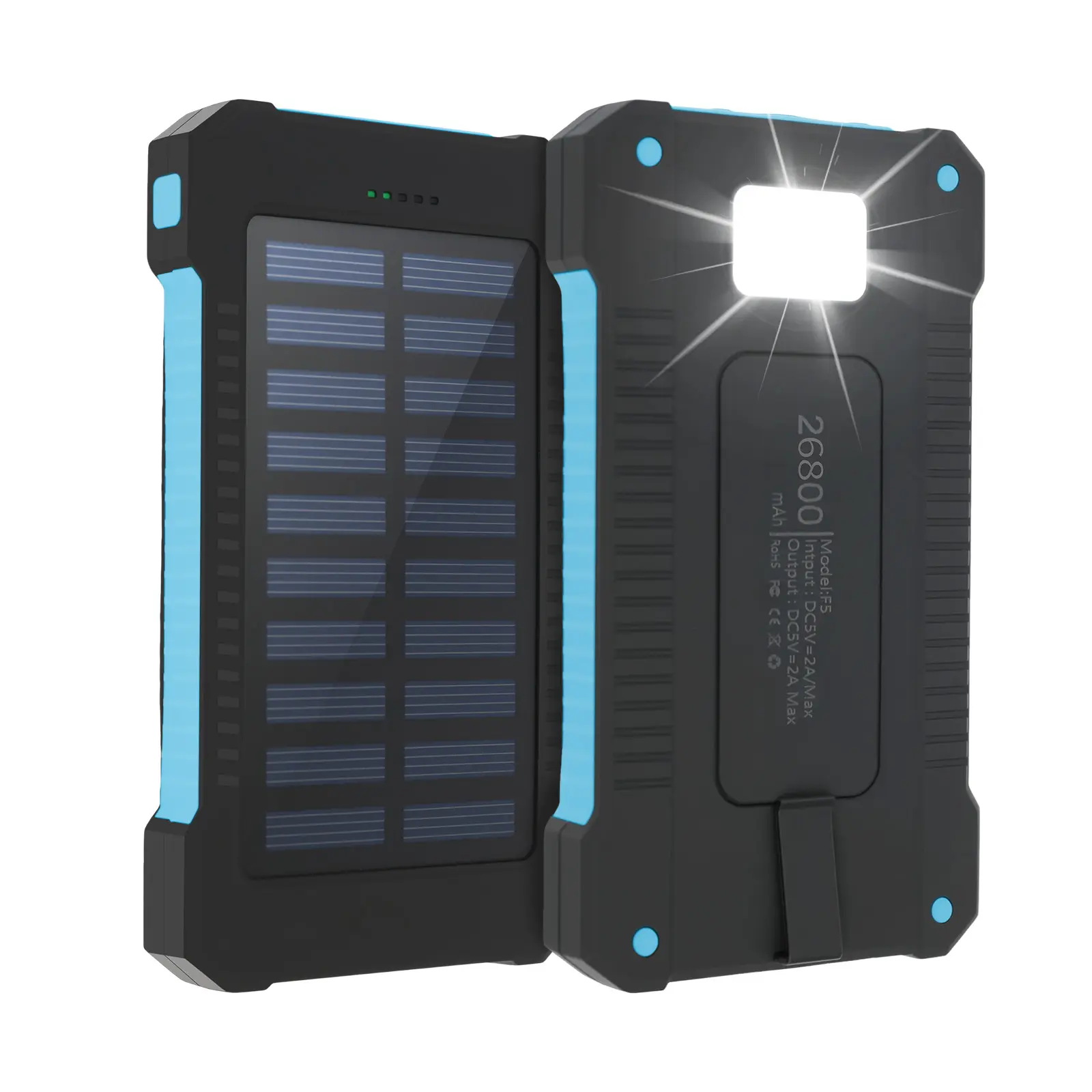 26800mAh Solar Powered USB Portable Power Bank, Outdoor Waterproof Mobile Charger with LED Flashlight, Compass, Carabiner, Micro USB, for iPhone, Android, Smartphone Camping Hiking Gear