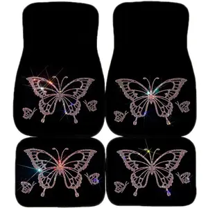 Butterfly Pattern Car Floor Mat, 4 Counts/set Rhinestone Decor Car Interior Floor Mat, Universal Car Interior Decoration Accessories for SUV, Sedan, Truck, Car Interior Accessory