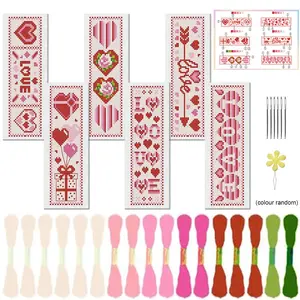 6counts romantic love themed cross stitch bookmark DIY handmade kit, Crafting Supplies - fabric bookmark with heart pattern - suitable for adult beginners and sewing enthusiasts - unique back to school season, couple anniversary gifts