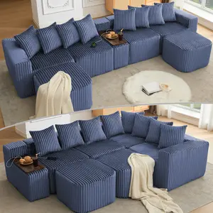 137.5-inch U-shaped sofa  USB and wireless charging capabilities, extra-large movable modular sofa, removable ottoman, coffee table top  cup holders, seats 6, corduroy fabric, no assembly required. compression Oversized Reading Chair with