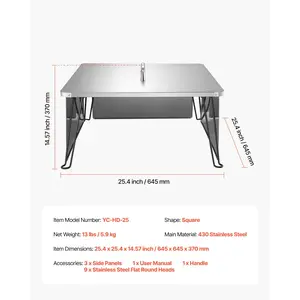 VEVOR Fire Pit Heat Deflector, 25.4x25.4x14.6 inch Square Outdoor Burner Cover, Stainless Steel Bonfire Camping Wood Burning, Push Heat Down and Out with 4 Foldable Legs Carrying Handle