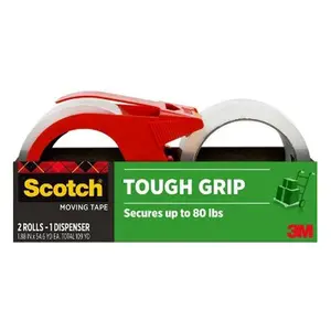 Scotch 2ct Tough Grip Moving Tape with Dispenser: Clear Packing Tape for Moving Supplies & Boxes, 1.88" x 1375"