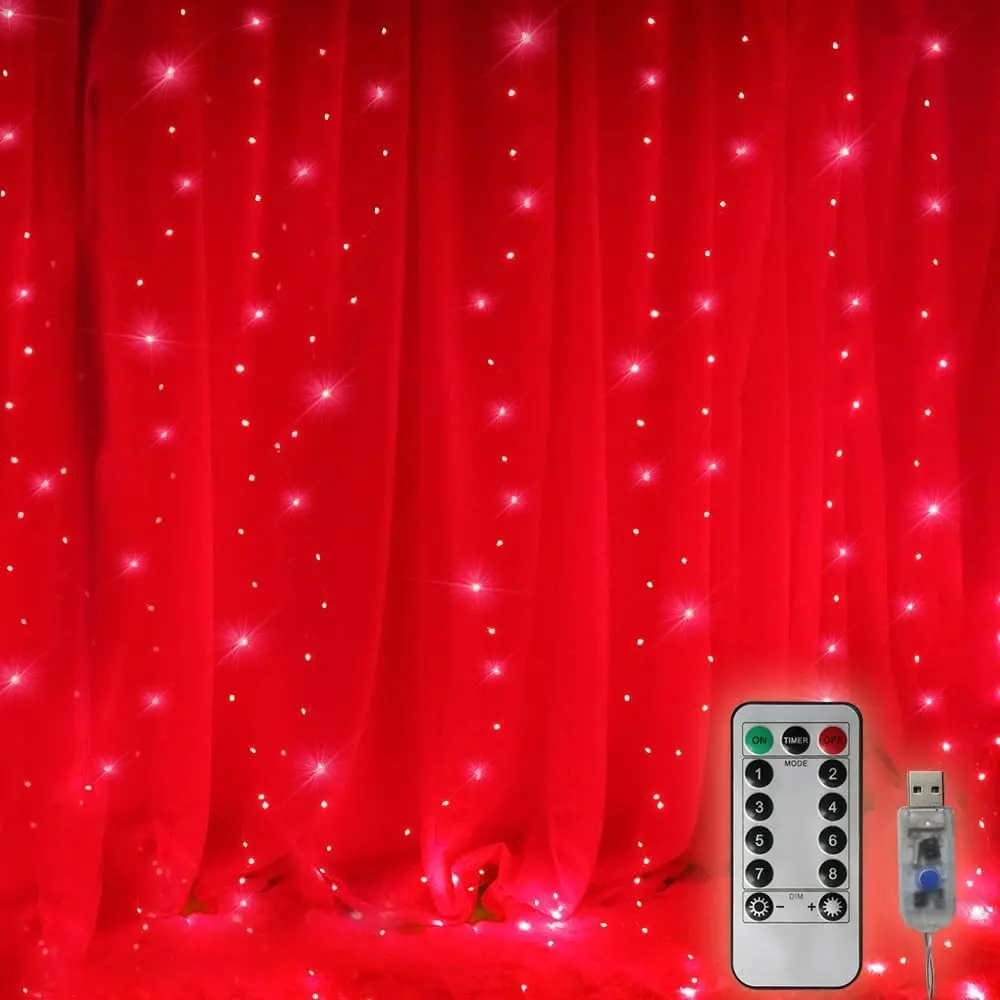 300 LED Curtain Christmas String Lights Backdrop Fairy Lights With Remote Control USB Power 8 Lighting Modes Window Red Lights for Bedroom Home Xmas Valentines Day Decor 9.8ft x 9.8ft