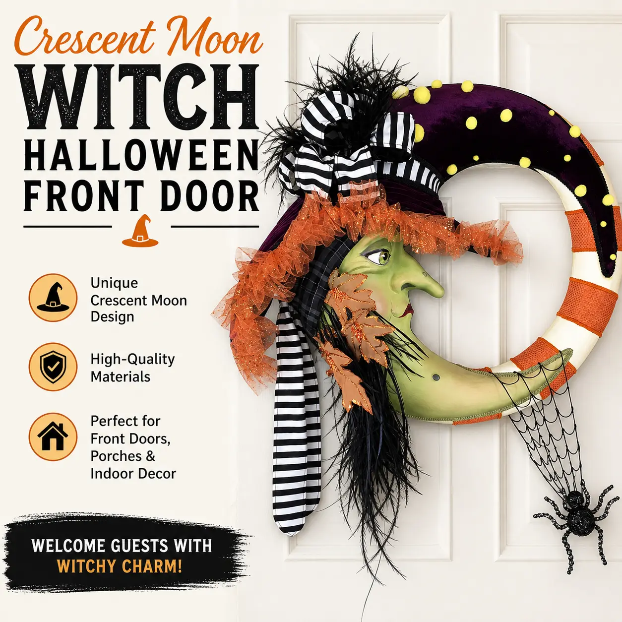 Crescent Moon Witch Halloween Front Door Wreath Green Witch Face Maple Leaf Spider Decor Striped Bow Ornament Spooky Season Porch Hanging Decor