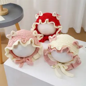 Cute Bow Ear Flap Knit Hat - Baby Girl Winter Warm Beanie with Ruffled Trim Trendy