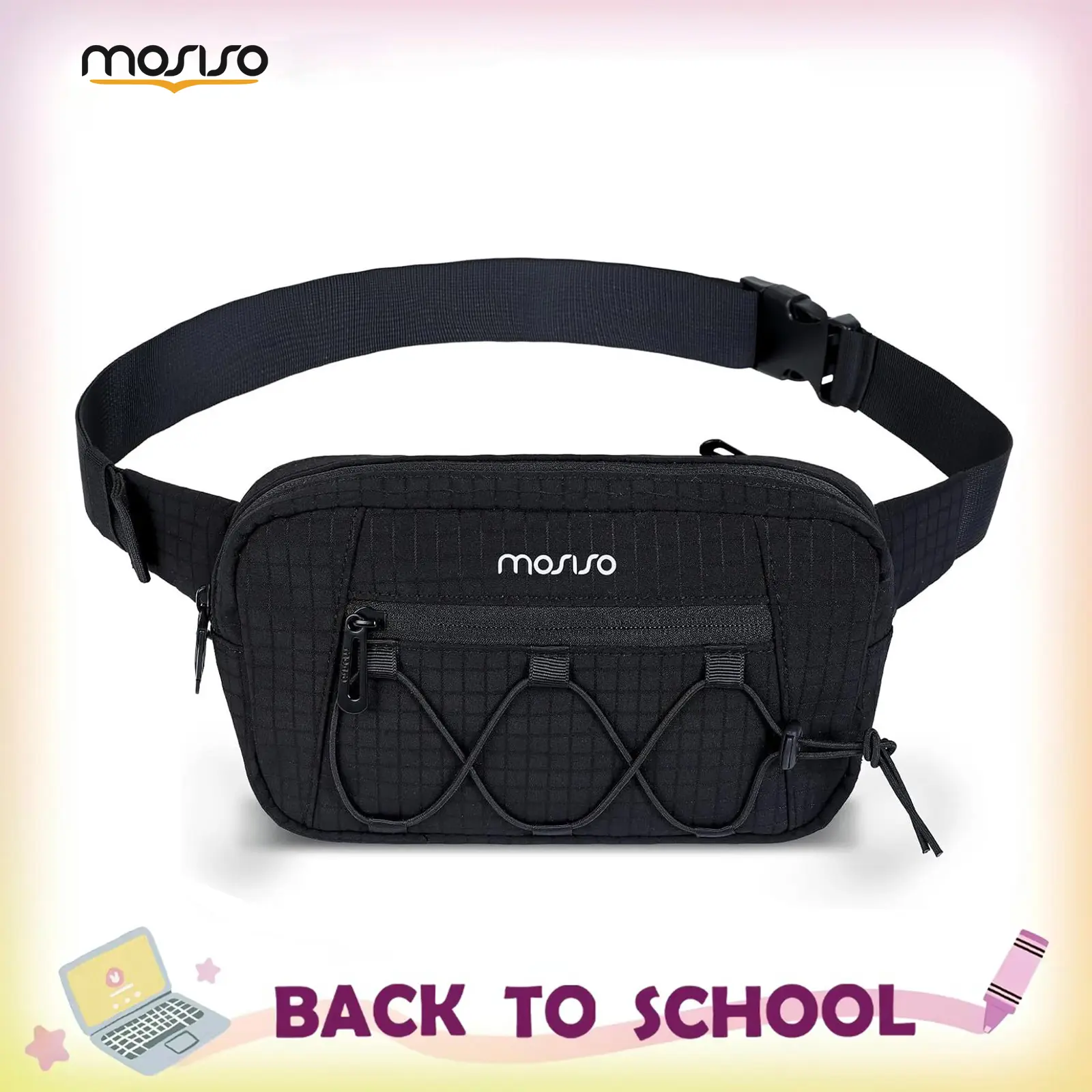 MOSISO Fanny Pack Crossbody Bag for Women Men, Waterproof Waist Bag with 3 Zipper Pockets, Adjustable Belt Bag for Running Travel Hiking Gym Outdoor Sports Hands Free Sling Bag Black