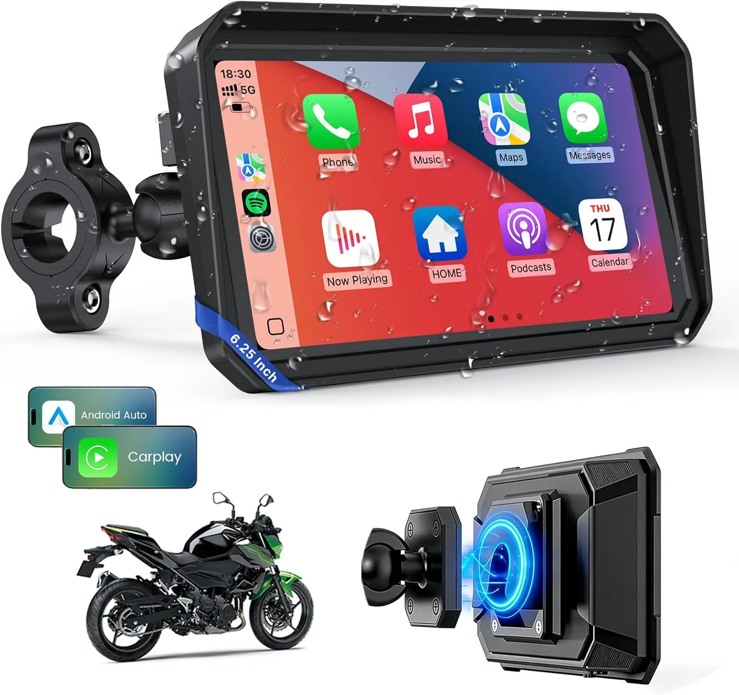 6.25 Inch Wireless Motorcycle Carplay GPS Navigation System with Apple Carplay and Android Auto Portable Screen with Dual Bluetooth, Navigation, Siri, Google Assistant with Magnetic Mount