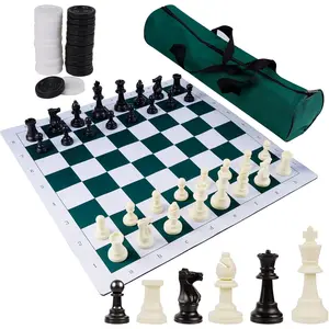 20" Portable Chess & Checkers Set, 2 in 1 Travel Board Games for Kids and Adults, Folding Roll up Chess Game Sets, Extra 26 Checker Pieces, Tournament Thick Mousepad Mat with Storage Bag