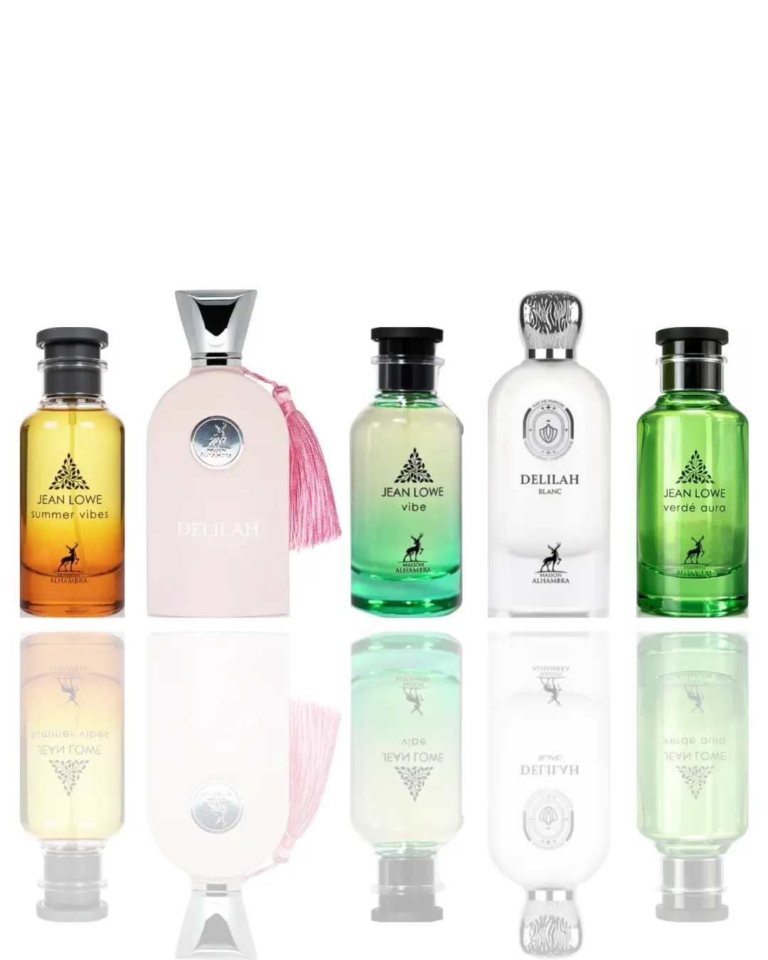 Lattafa Men's 5-Piece Fragrance Variety Bundle Pack - Delilah Blanc, Delilah Pour Femme, Jean Lowe Assortment (Vibe, Summer Vibes, Verde Aura) - Daily Wear Fresh Jasmine Fragrance, Jasmine Men's Fragrance
