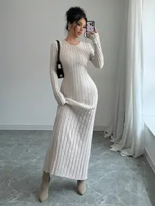 Women’s Elegant Ribbed Knit Long Sweater Dress – Slim Fit Round Neck Maxi Dress with Waist Tie and Vertical Texture Design