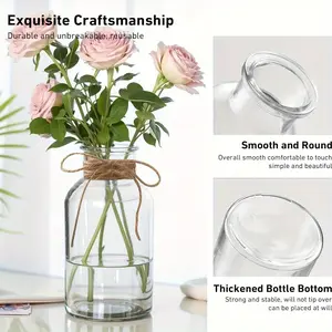 12 pieces of vases, small glass vases with brown ropes - without plants, transparent, small tabletop decoration, perfect for wedding, home, and party decoration vases, Centerpiece Vase