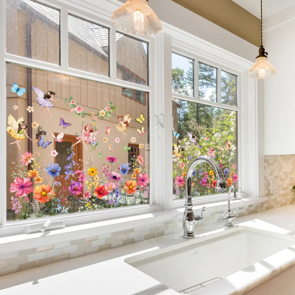 A set of two (30*60cm*2pcs) spring flower elf butterfly natural atmosphere window stickers, static adsorption glass window home decoration and beautification Decorative Stickers D16522*2