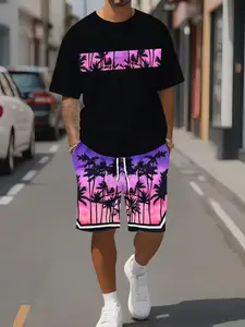 Men's Short Sleeve Shorts 3D Trendy Fashion Tropical Print 2 Piece Set, Round Neck, Casual All over Print, Perfect for Outdoor Travel Fitness Gift, Clothes, Menswear