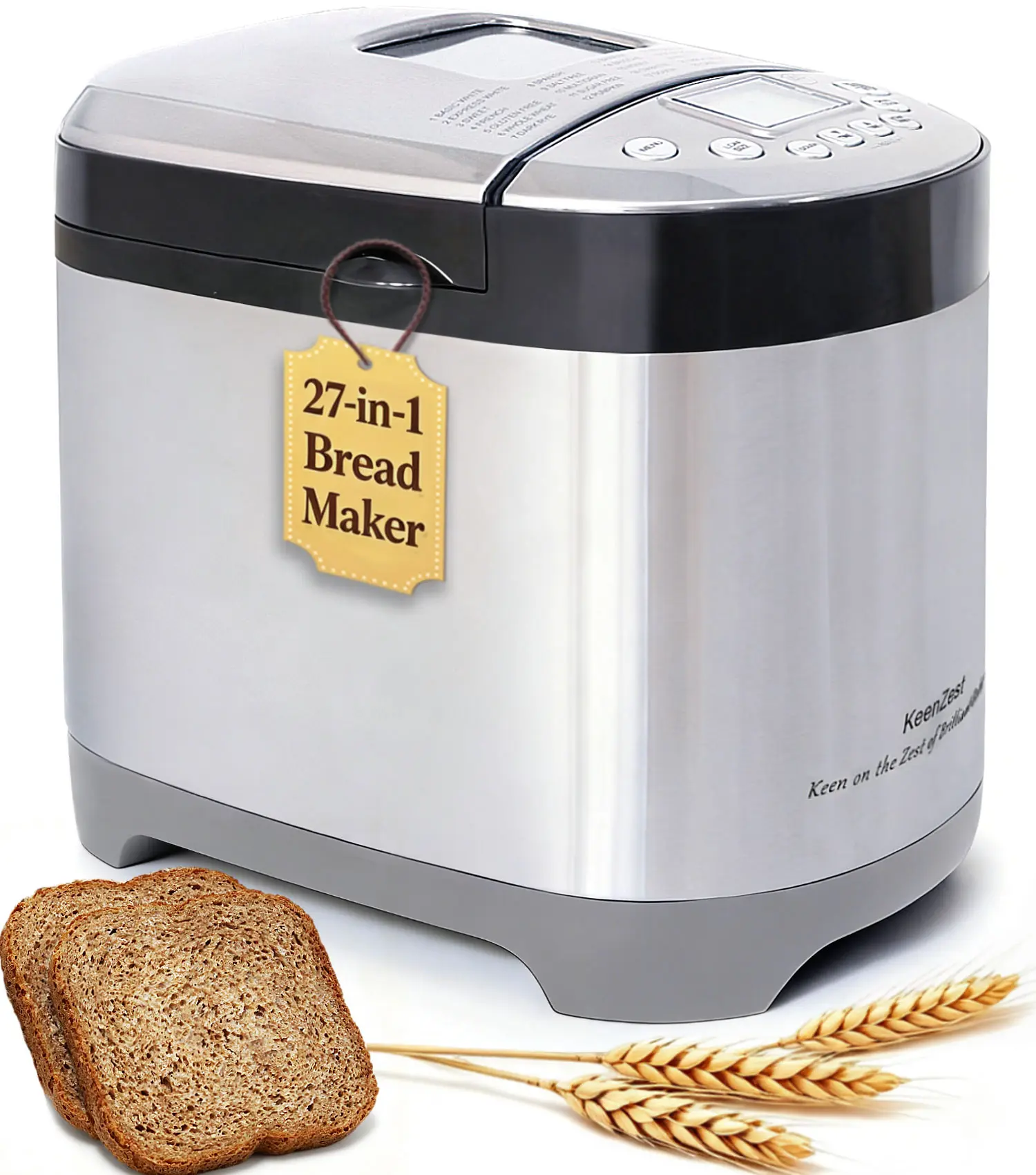 KeenZest 27-in-1 SMART Automatic Countertop Digital Bread Maker Machine - Adjustable 1LB to 2LB Capacity, Gluten-Free Setting, Customizable Multifunction Cycles, Stainless Steel, Included Recipes