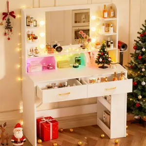 COMHOMA Makeup Vanity Desk with Mirror and Lights, Large Vanity Table with 6 Drawers & 1 Storage Cabinet, 3 Color Modes Adjustable Mirror, Furniture Luxury
