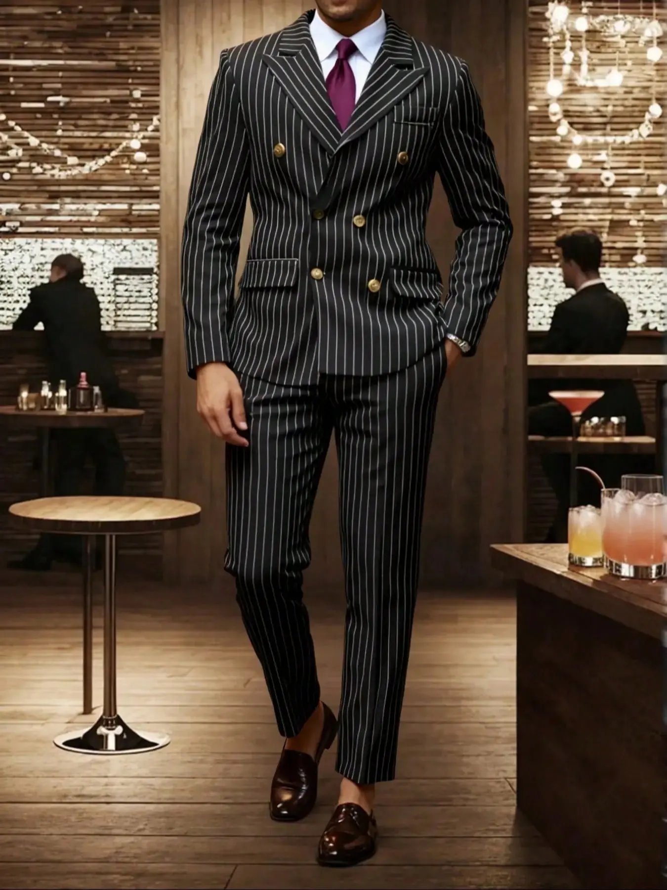 Men's Striped Print Button Decor Collared Blazer & Pants Matching Two-Piece Set, Fitted Slim Classic Business Formal Suit Set for Wedding Party, Men's Clothing for Spring & Fall, Menswear, Pinstripe Suit, Business Suits Set