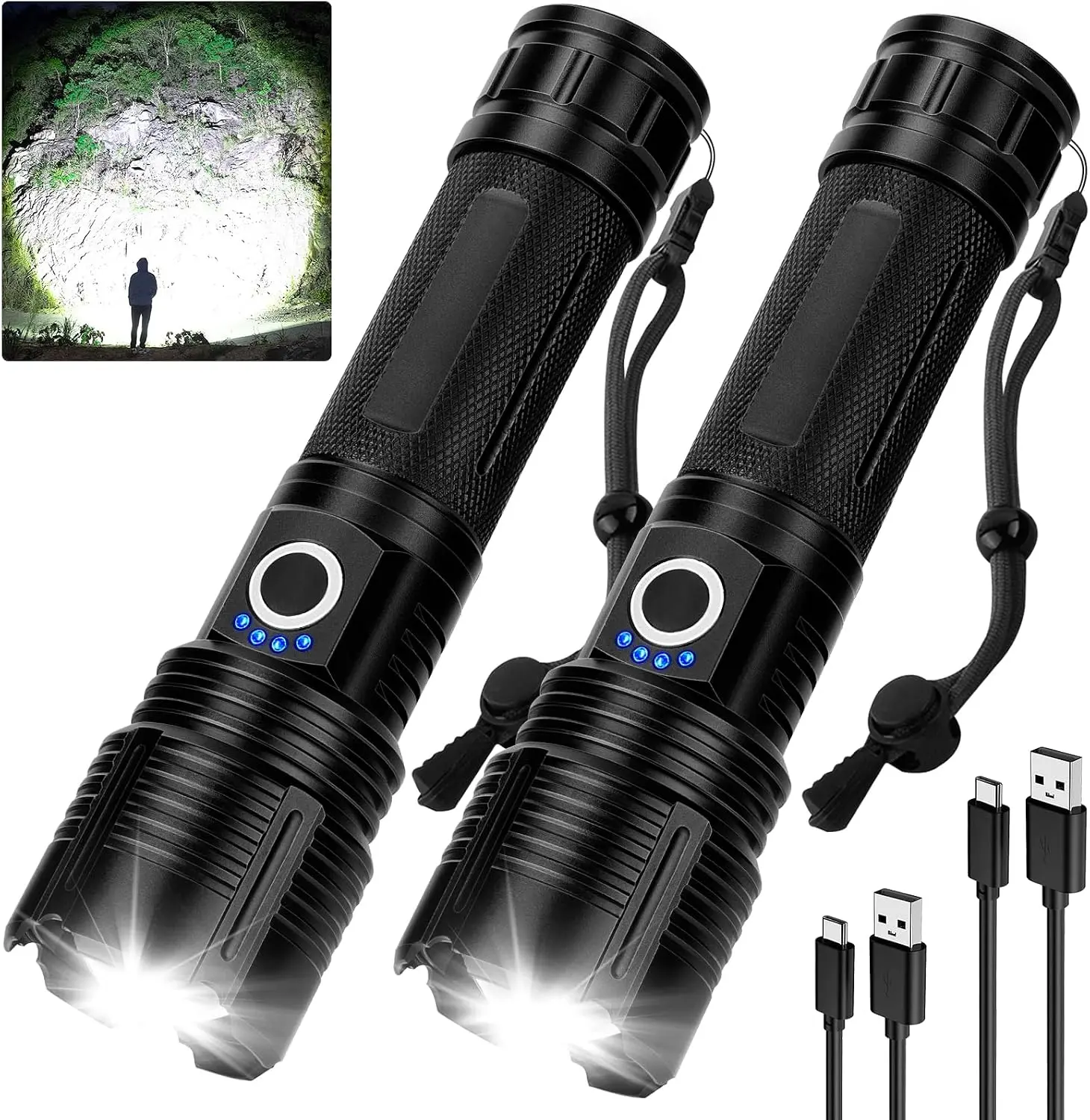 2-Pack USB Rechargeable Handheld Flashlight, Super Ultra-Bright High Lumens Zoomable Flash Light, Water Resistant Tactical Flashlight with Battery Power Indicator, Portable Compact Design, 5 Lighting Modes Long Runtime for Home Camping Survival Emergency