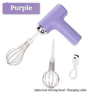 Cordless Electric Hand Mixer | 3-Speed Rechargeable Whisk with 2 Detachable Heads, Compact Baking Tool for Thin batter / Eggs / Cookies | Ideal for Tiny Kitchen / RV / Camping (Purple & White)
