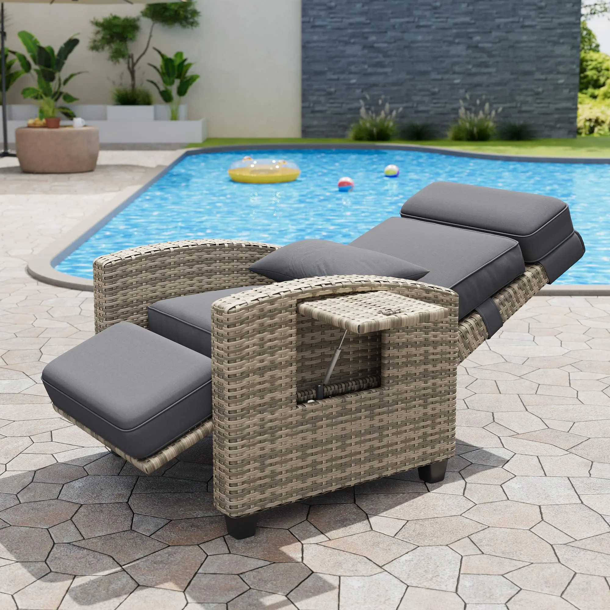 Outdoor Recliner Chair with Adjustable Backrest&Footrest, Rattan Recliner Up to 150° Lay Flat,Wicker Chair with Flip-Up Table&Removable Cushion,Gray