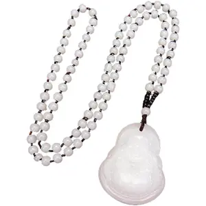 Laughing Buddha Pendant Necklace Green Black Imitation Jade Buddha Guanyin Crystal Beaded Rope Chain Gemstone Lucky Amulet Jewelry for Women Men-white buddha
