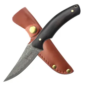 Elk Ridge Damascus Steel Fixed Blade Knife Wood Handle & Leather Sheath Outdoor Knife Gifts for Husband, Dad ER-FIX120DM
