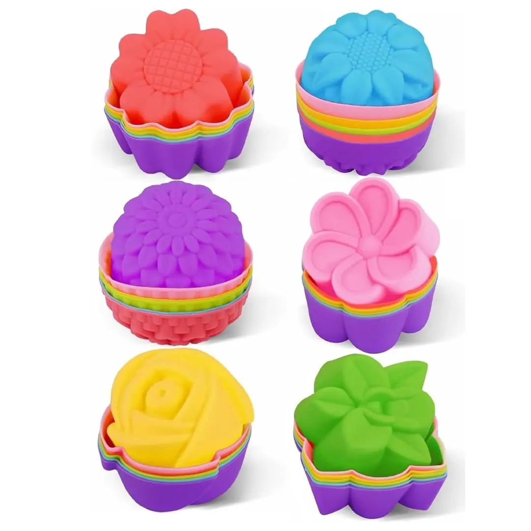 Pack of 36 Reusable Silicone Baking Cups, Silicone Cupcake Liners for baking,  Multi Flower Shapes Muffin Liners for Making Classic Cupcakes, Muffins, Chocolates, Truffles, Pastries, Pudding, Egg Tart, Jelly, Ice Cube etc