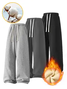 Men's Solid Thermal Lined Drawstring Waist Fleece-lined Thickened Pants Casual Comfy Regular Fit Straight Leg Trousers for Fall Winter Menswear Socks Beige Light Linen Gray Plain