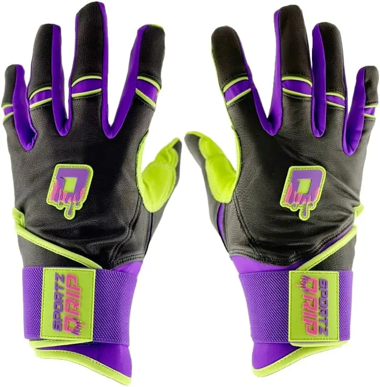 Sportz Drip Havoc Series Leather Batting Gloves, Purple & Green, for Youth & Adults, Breathable with Enhanced Grip and Adjustable Fit, for Baseball & Softball Practice Sessions, with Custom-Branded Storage Pouch, Multi Sizes, Adjustable Strap, Anti-Slip G