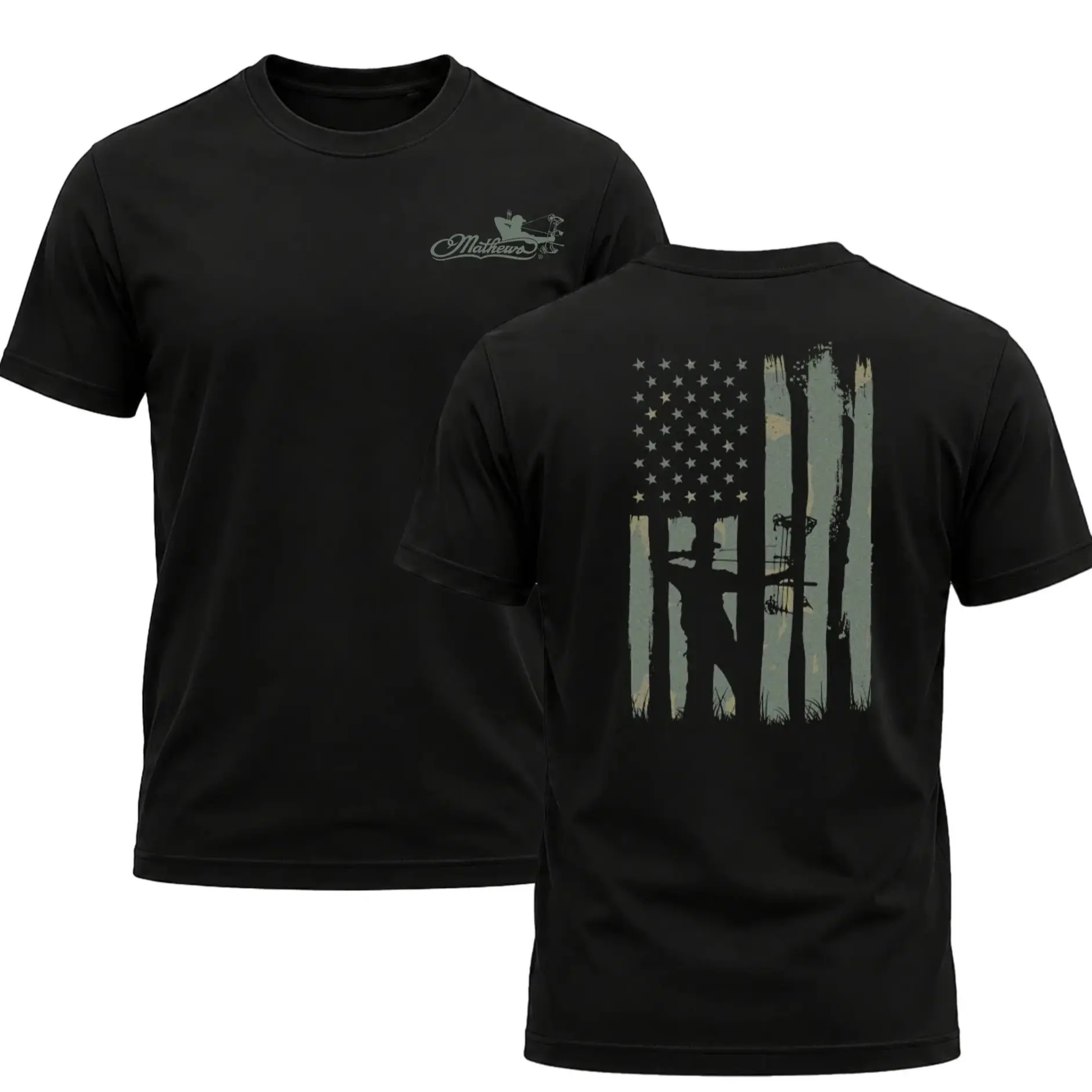 Mathews "American Bowhunter" Men's Shirt, Hunting T-shirt, Crew Bowhunting Shirt, Deer Skull Archery Tee, Archery Tactical Gear, Unisex Short Sleeve Casual 100%, Outdoor Gift For Men, Made In USA.