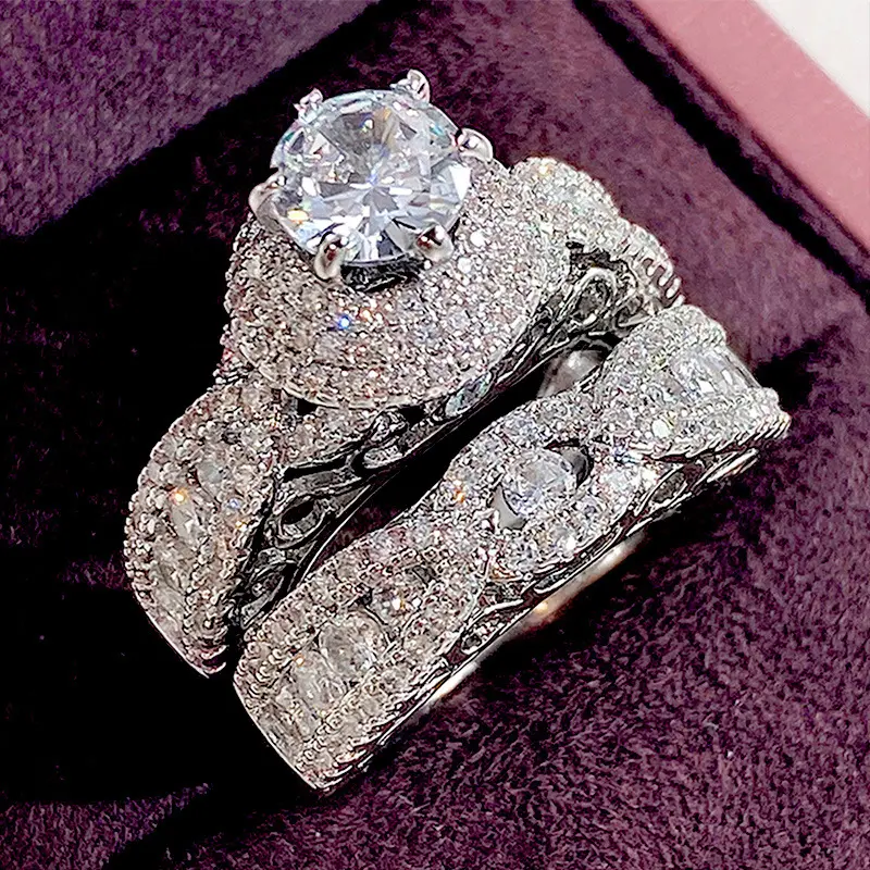 Vintage Princess-Style 2-Piece Cubic Zirconia Couple Ring Set with Birthstone, Double Layered Design, Engagement & Wedding Ring Sets for Romantic Gifting Occasions, Double Layered Ring