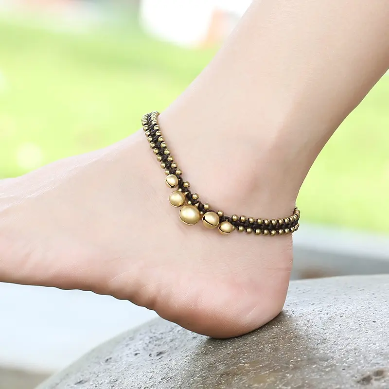 Women’s 1-Piece Antique Gold-Tone Copper Bell Anklet - Adjustable Rustic Braid Textured Beaded Foot Chain, Cute Aesthetic Gold Anklets for Women, Bohemian Costume Jewelry for Beach, Vacation Gifts, Trendy Fashionable Accessories, Cute Anklets
