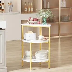 AWQM White, Black & Gold 3-Tier End Table, Faux Marble Round Side Table with Metal Frame, Nightstand for Bedroom & Small Spaces