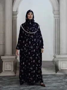 Somali Muslim Women's Lace Hat Soft Breathable Prayer Dress Fashion Print African Long Robe Dress, Modest Muslim Outfits, Modest Loose-Fitting All Seasons, Modesty Muslim Clothing, Muslim Women Gowns