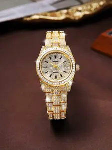 RICECGO Full-Diamond Women's Quartz Analog Watch, featuring a full-diamond stainless steel bracelet, date display, Diamond Encrusted Dial, perfect for parties, formal dinners, or as a gift, Quartz Movement, Hardlex Glass