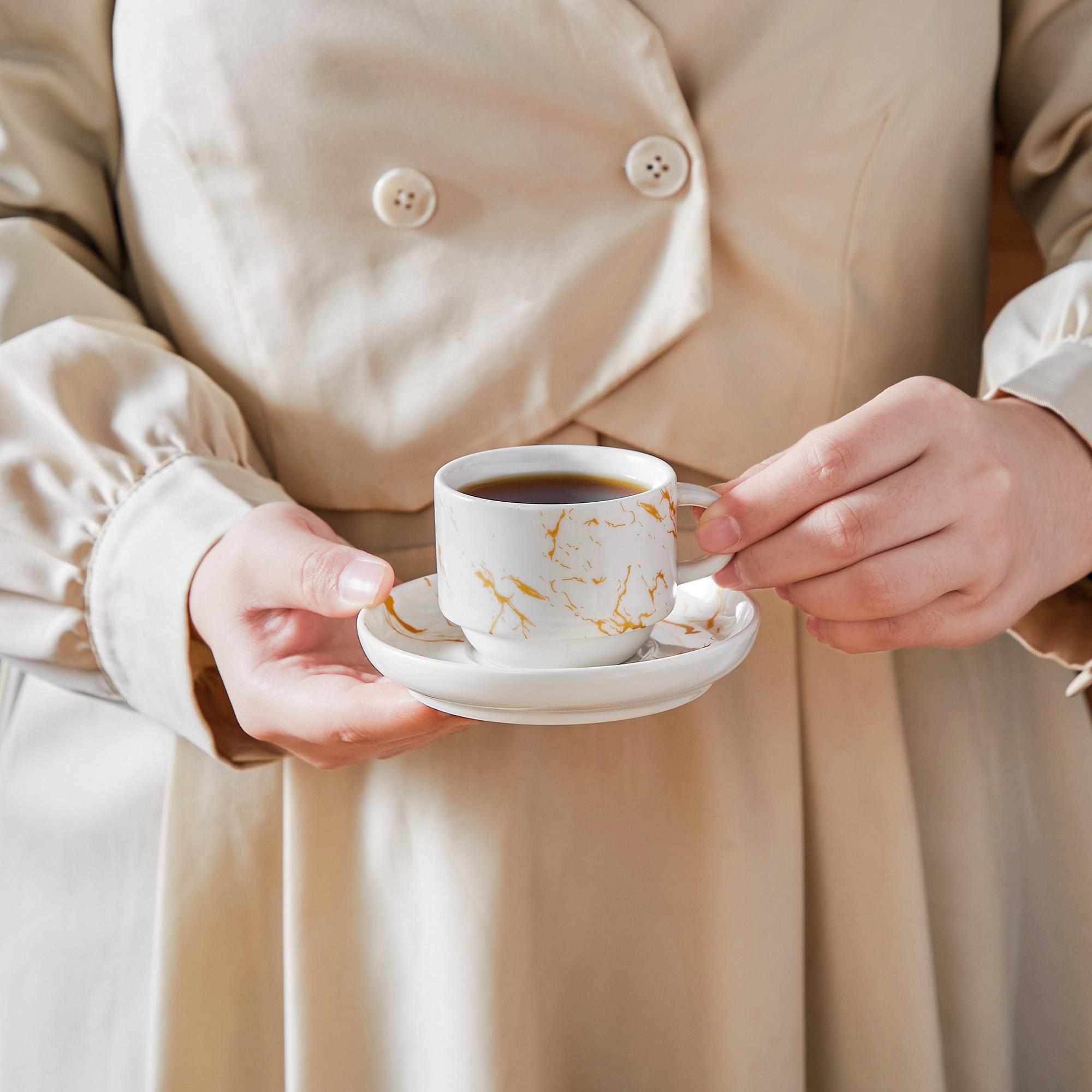 MALACASA 3/5/9 OZ Porcelain Espresso Cups (includes saucers and metal cup holder) 6-Piece Set, Stackable Cappuccino Cups, Coffee Cups, and Tea Cups, Marble-Patterned Espresso Cup Set, Perfect for Espresso, Lattes, and Tea