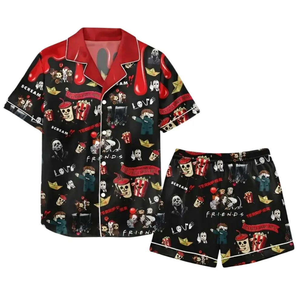 Horror Friends Satin Pajama Set, Scream Ghostface Terrifier Jason Pennywise Halloween Movie Character All Over Print Design, Gift for Horror Movie Fans