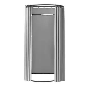 Portable Fitting Room Booth With Thick Polyester Curtains, Privacy Dressing Space With Shading Curtain And Hook, Ideal For Boutique, Mall, Tailor Shop Or Outdoor Use, 39 X 37 X 79 Inches, Black And Gray-White