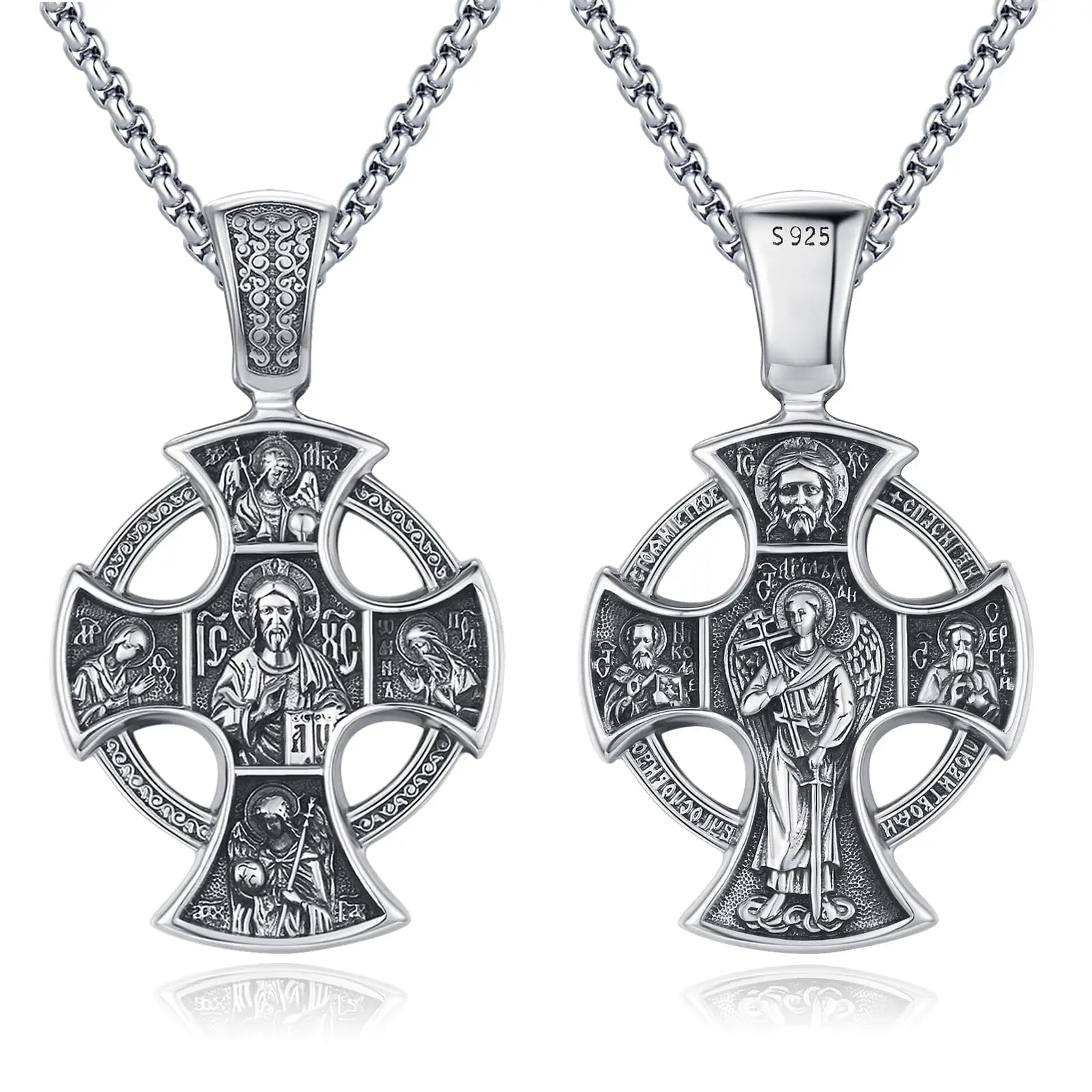 DRINSPER Orthodox Necklace 925 Sterling Silver Jewelry Four Way Cross Necklace Saint Patron Protection Jewelry for Men Women