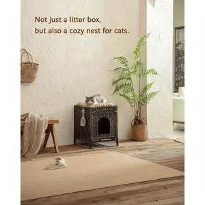 Cat Litter Box Enclosure, Cat Litter Box Enclosure Furniture with Cat Litter Mat, Handwoven Rattan Cat House with Metal Heightened Feet, 18.5×20.4×23.2 Inches, Living Room, Bedroom