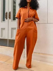 Motionkiller Solid Button-Front Jumpsuit with Pockets and Spread Collar for Fashion Apparel - Check, Overalls