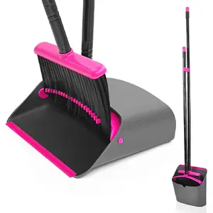PLL  Broom with Dustpan Combo Set, Long Handle Lightweight Indoor Broom Set, Upright Standing Dust Pan with Comb Teeth Store Sweep Set for Home Room Kitchen Office Lobby (Rose Red)