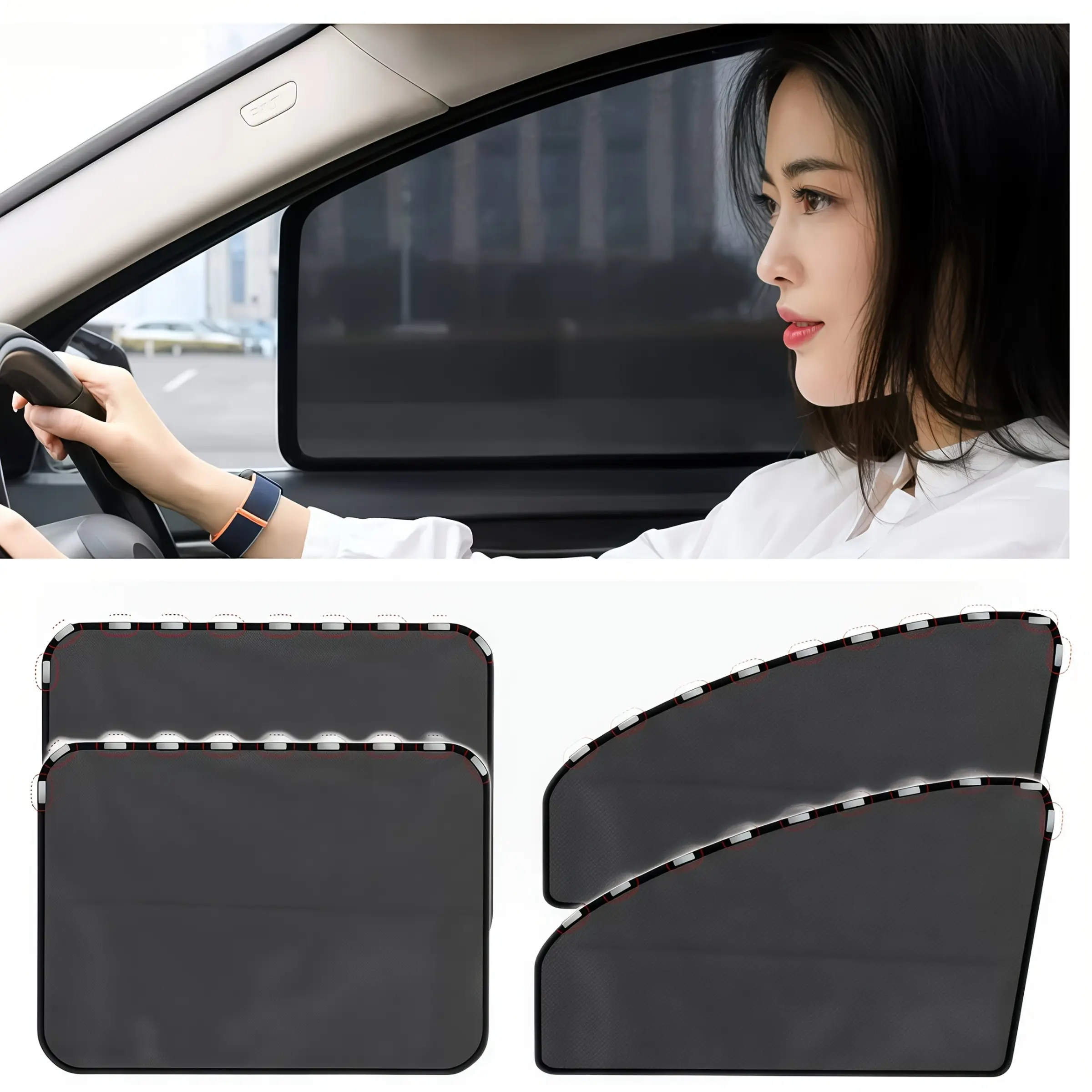 4-Piece Magnetic Car Window Sunshade, Protective and Privacy Screen, Heavy-Duty Mesh Front/Rear Cover, Easy to Install/Remove, Suitable for All Vehicle Models, Trucks, SUVs, Thermal Insulation and Anti-Glare, Car Window Shades, Magnetic Sunshades