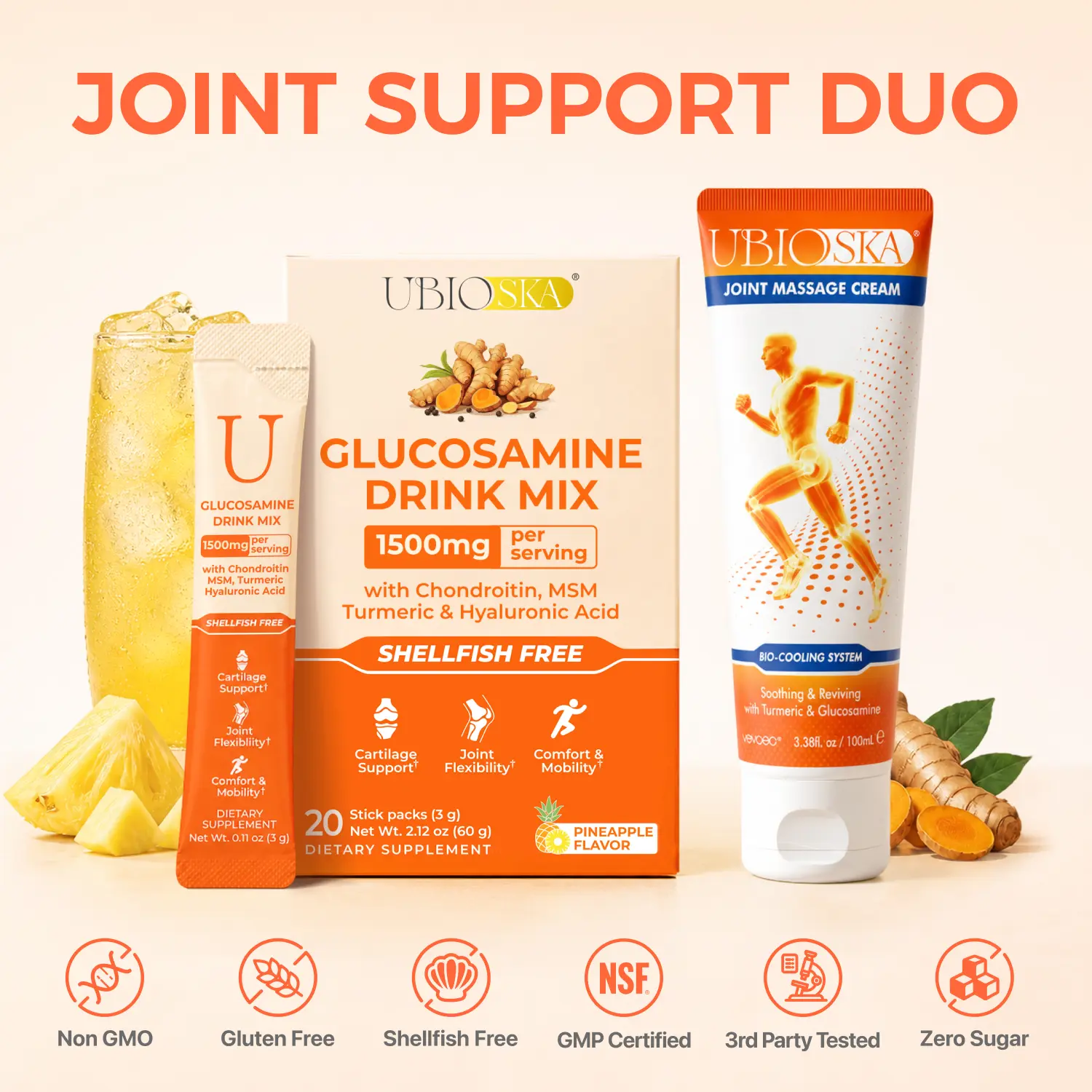 UBIOSKA Joint Support Duo | 1500mg Shellfish-Free Glucosamine Drink Mix (20 Stick Packs) + Joint Massage Cream (3.4 fl oz) | Inside-Out Support for Cartilage, Mobility & Long-Term Joint Health | With Chondroitin, MSM, Turmeric & Hyaluronic Acid