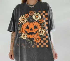 Retro Floral Pumpkin Shirt, Funny Pumpkin Halloween Tee, Preppy Halloween Tshirt, Halloween Pumpkin Spooky Season, Checkered Design