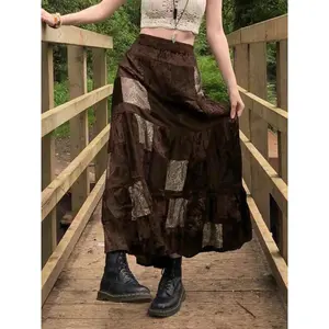 Women's Colorblock Patchwork Print Elastic Waist Flared Velvet Skirt, Street Boho High Waist A-Line Skirt For Daily Vacation Party, Fall & Winter Bottoms