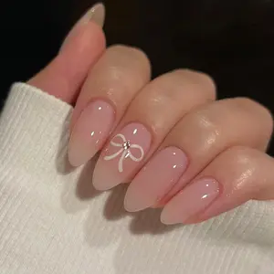 24 Pcs Almond Shape Bowknot Wearable False Nails, Nail Art Diy, Removable Half-Handmade Nails, Includes Nail File and Jelly Glue, Diy Nail Kit