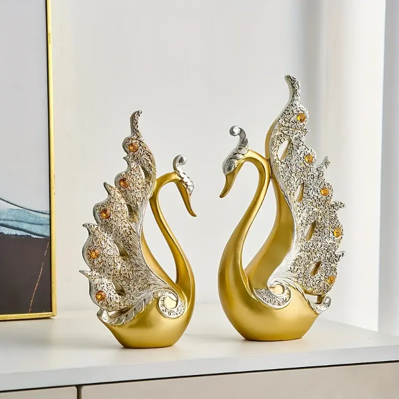 Elegant Golden Swan Couple Resin Figurines & Miniatures - Cordless Home Decor Statues with Gemstone, Blue Crystal Accents, Luxurious Lifelike Design for Living Room Indoors